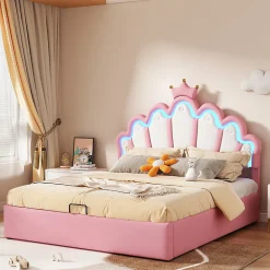 Lit Coffre 140x200 cm - Lit Double enfant avec Lumière d'Ambiance Réglable, Capitonné, MDF et Similicuir, Rose, Sans Matelas>Okwish New