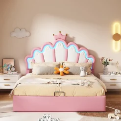 Lit Coffre 140x200 cm - Lit Double enfant avec Lumière d'Ambiance Réglable, Capitonné, MDF et Similicuir, Rose, Sans Matelas><noscript><img width=