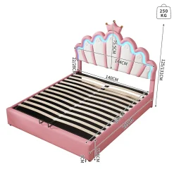 Lit Coffre 140x200 cm - Lit Double enfant avec Lumière d'Ambiance Réglable, Capitonné, MDF et Similicuir, Rose, Sans Matelas><noscript><img width=
