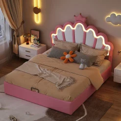 Lit Coffre 140x200 cm - Lit Double enfant avec Lumière d'Ambiance Réglable, Capitonné, MDF et Similicuir, Rose, Sans Matelas><noscript><img width=