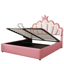 Lit Coffre 140x200 cm - Lit Double enfant avec Lumière d'Ambiance Réglable, Capitonné, MDF et Similicuir, Rose, Sans Matelas><noscript><img width=