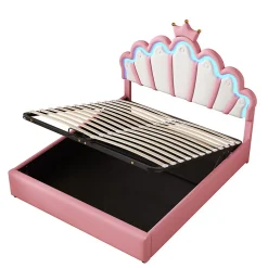 Lit Coffre 140x200 cm - Lit Double enfant avec Lumière d'Ambiance Réglable, Capitonné, MDF et Similicuir, Rose, Sans Matelas><noscript><img width=