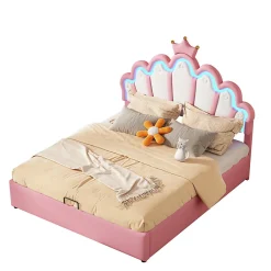 Lit Coffre 140x200 cm - Lit Double enfant avec Lumière d'Ambiance Réglable, Capitonné, MDF et Similicuir, Rose, Sans Matelas><noscript><img width=
