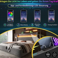 Okwish Lit Coffre 180x200 cm - Lit Double avec Sommier Relevable et Rangement - LED et Ports USB Type-C - Tissu Lin Gris - Sans Matelas* Lit Coffre