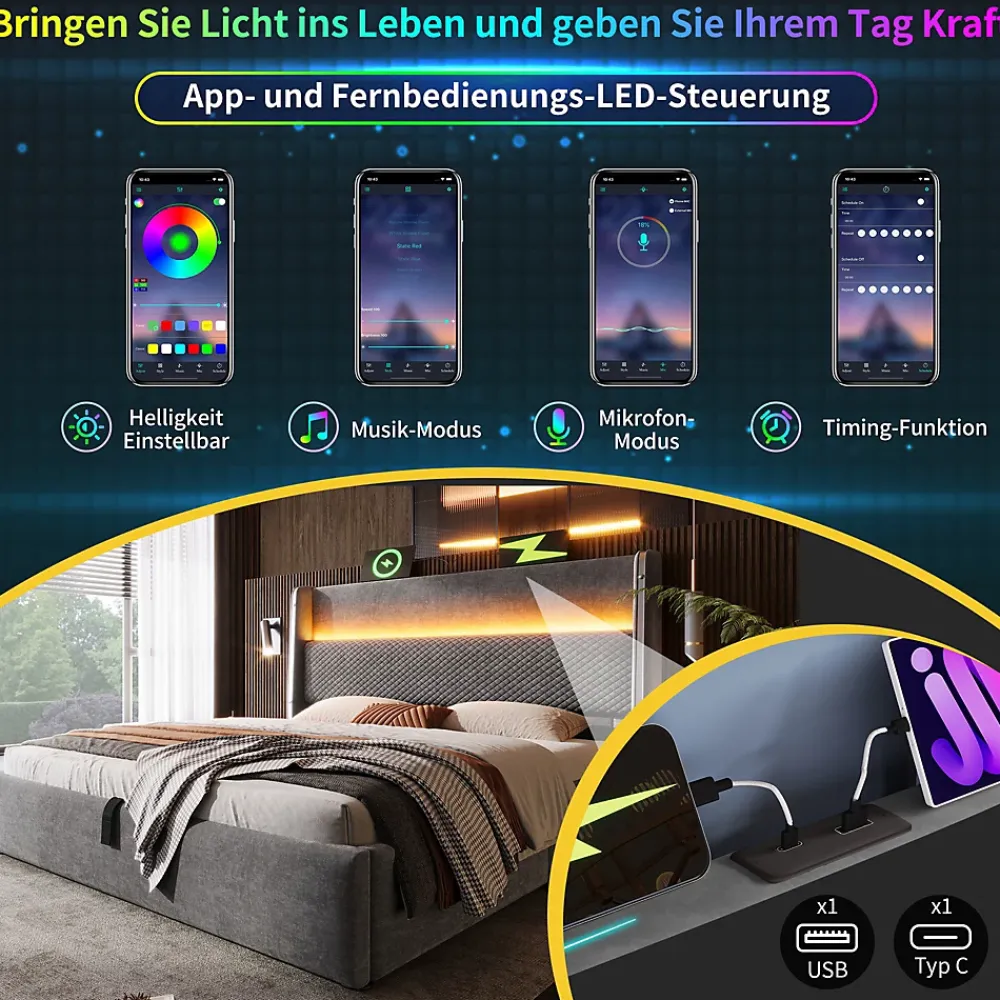 Okwish Lit Coffre 180x200 cm - Lit Double avec Sommier Relevable et Rangement - LED et Ports USB Type-C - Tissu Lin Gris - Sans Matelas* Lit Coffre