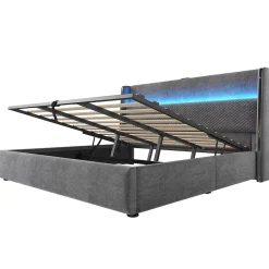 Okwish Lit Coffre 180x200 cm - Lit Double avec Sommier Relevable et Rangement - LED et Ports USB Type-C - Tissu Lin Gris - Sans Matelas* Lit Coffre