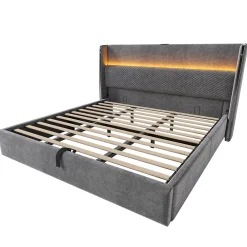 Okwish Lit Coffre 180x200 cm - Lit Double avec Sommier Relevable et Rangement - LED et Ports USB Type-C - Tissu Lin Gris - Sans Matelas* Lit Coffre