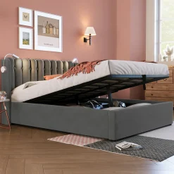 Lit Coffre 160x200 Cm - Lit Double avec Lampe de Lecture et Ports USB - Velours - Sans Matelas - Gris>Okwish Sale