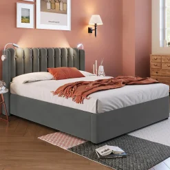 Lit Coffre 160x200 Cm - Lit Double avec Lampe de Lecture et Ports USB - Velours - Sans Matelas - Gris><noscript><img width=