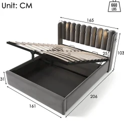 Lit Coffre 160x200 Cm - Lit Double avec Lampe de Lecture et Ports USB - Velours - Sans Matelas - Gris><noscript><img width=