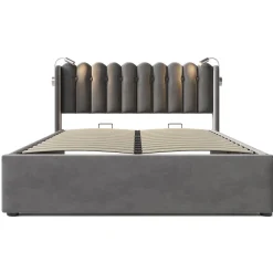 Lit Coffre 160x200 Cm - Lit Double avec Lampe de Lecture et Ports USB - Velours - Sans Matelas - Gris><noscript><img width=