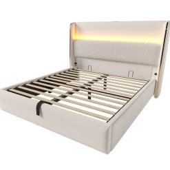 Okwish Lit Coffre 140x200 cm - Lit Double avec Sommier Relevable et Rangement - Ports USB Type-C - Tissu Lin Beige - Sans Matelas* Lit Coffre