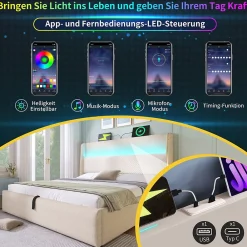 Okwish Lit Coffre 140x200 cm - Lit Double avec Sommier Relevable et Rangement - Ports USB Type-C - Tissu Lin Beige - Sans Matelas* Lit Coffre