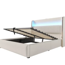 Okwish Lit Coffre 140x200 cm - Lit Double avec Sommier Relevable et Rangement - Ports USB Type-C - Tissu Lin Beige - Sans Matelas* Lit Coffre