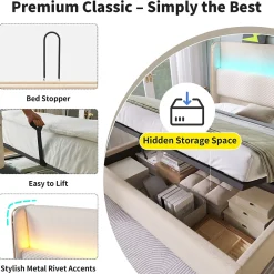 Okwish Lit Coffre 140x200 cm - Lit Double avec Sommier Relevable et Rangement - Ports USB Type-C - Tissu Lin Beige - Sans Matelas* Lit Coffre