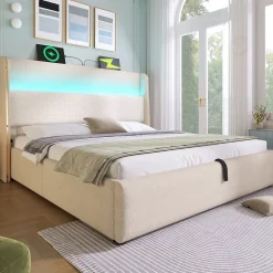 Okwish Lit Coffre 140x200 cm - Lit Double avec Sommier Relevable et Rangement - Ports USB Type-C - Tissu Lin Beige - Sans Matelas* Lit Coffre