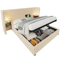 Okwish Lit coffre 180x200 cm - Lit double capitonné avec table de chevet et lampe de lecture - Velours côtelé - Sans Matelas - Beige* Lit Coffre