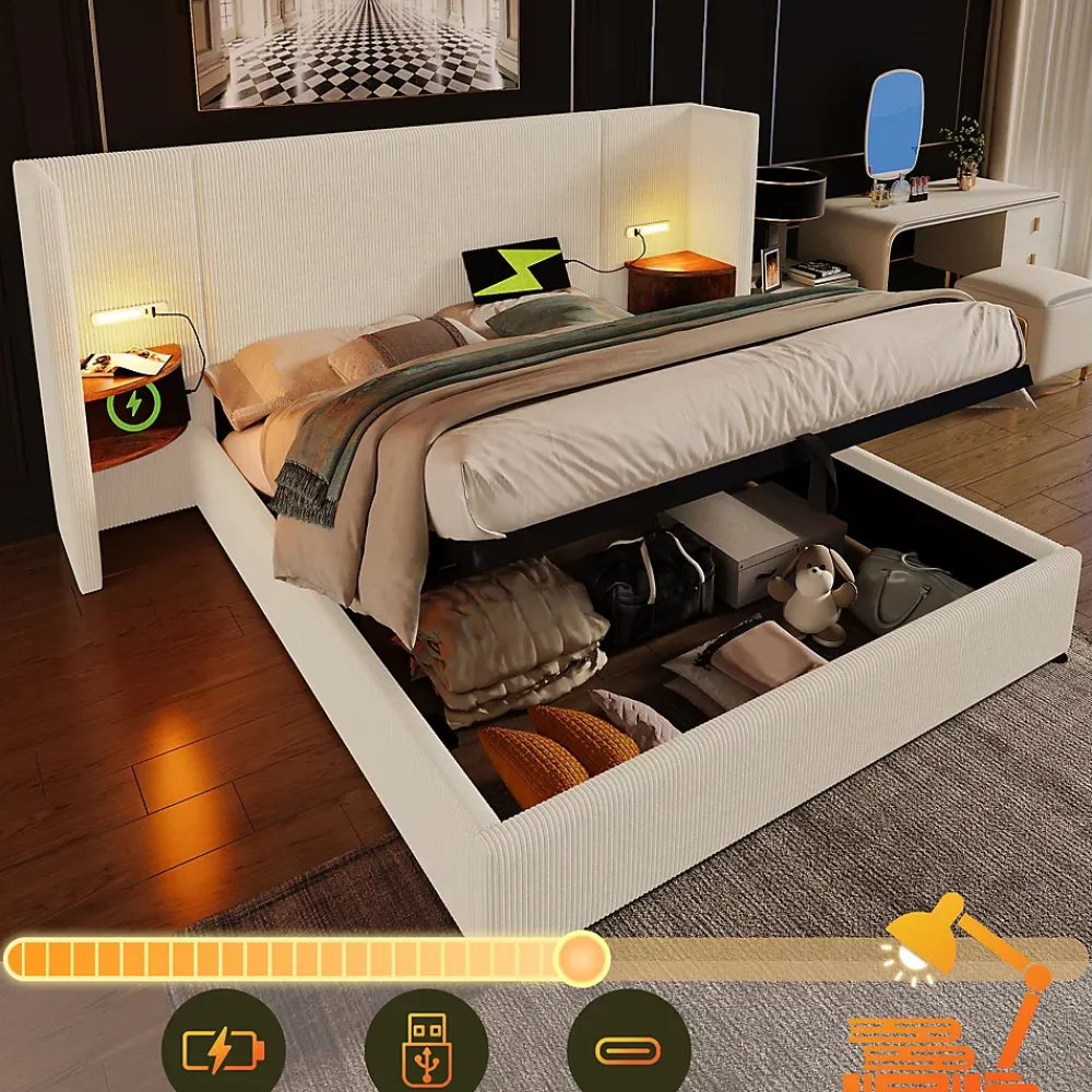 Okwish Lit coffre 180x200 cm - Lit double capitonné avec table de chevet et lampe de lecture - Velours côtelé - Sans Matelas - Beige* Lit Coffre