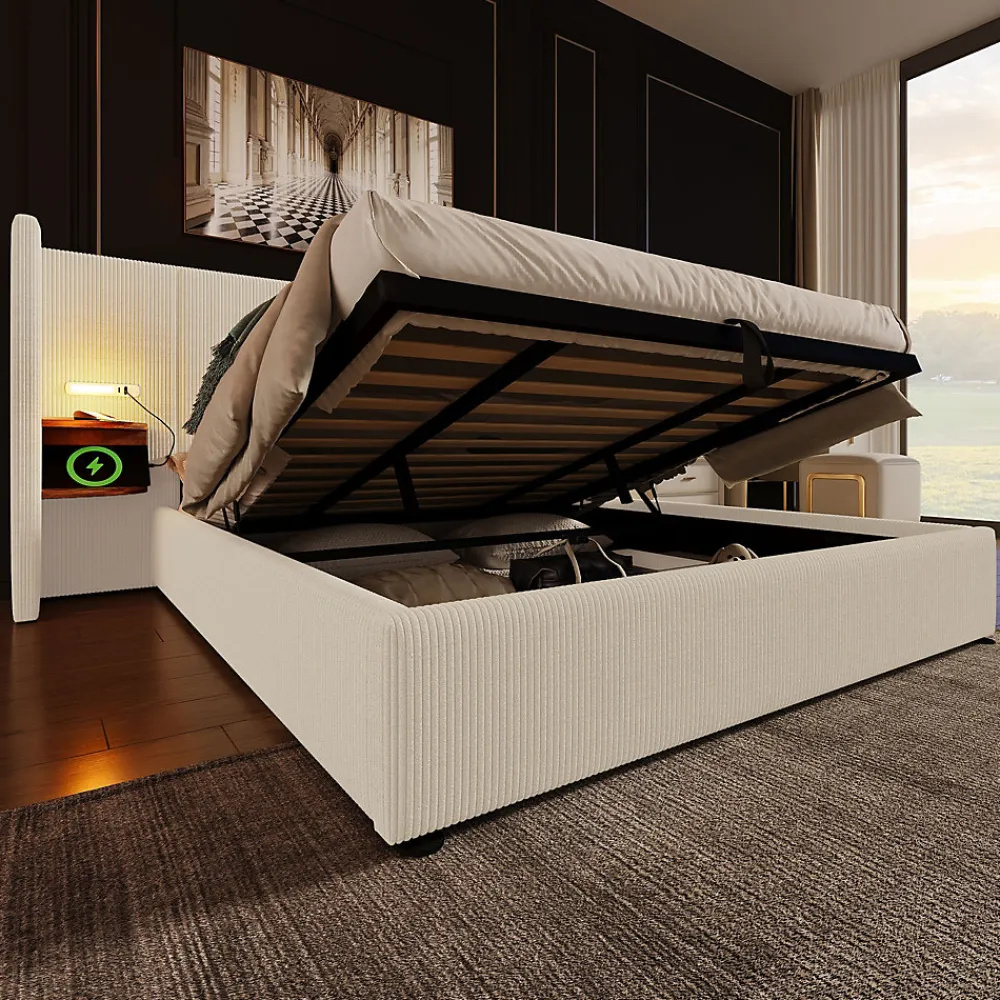 Okwish Lit coffre 180x200 cm - Lit double capitonné avec table de chevet et lampe de lecture - Velours côtelé - Sans Matelas - Beige* Lit Coffre