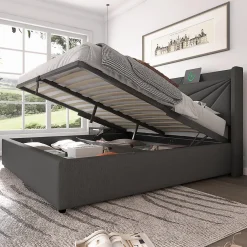 Lit Coffre 160x200 Cm - Lit Double avec Sommier à Lattes et Port USB - Coton Bois Métal - Sans Matelas - Gris><noscript><img width=
