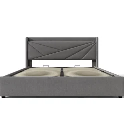 Lit Coffre 160x200 Cm - Lit Double avec Sommier à Lattes et Port USB - Coton Bois Métal - Sans Matelas - Gris><noscript><img width=
