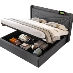 Lit Coffre 160x200 Cm - Lit Double avec Sommier à Lattes et Port USB - Coton Bois Métal - Sans Matelas - Gris><noscript><img width=