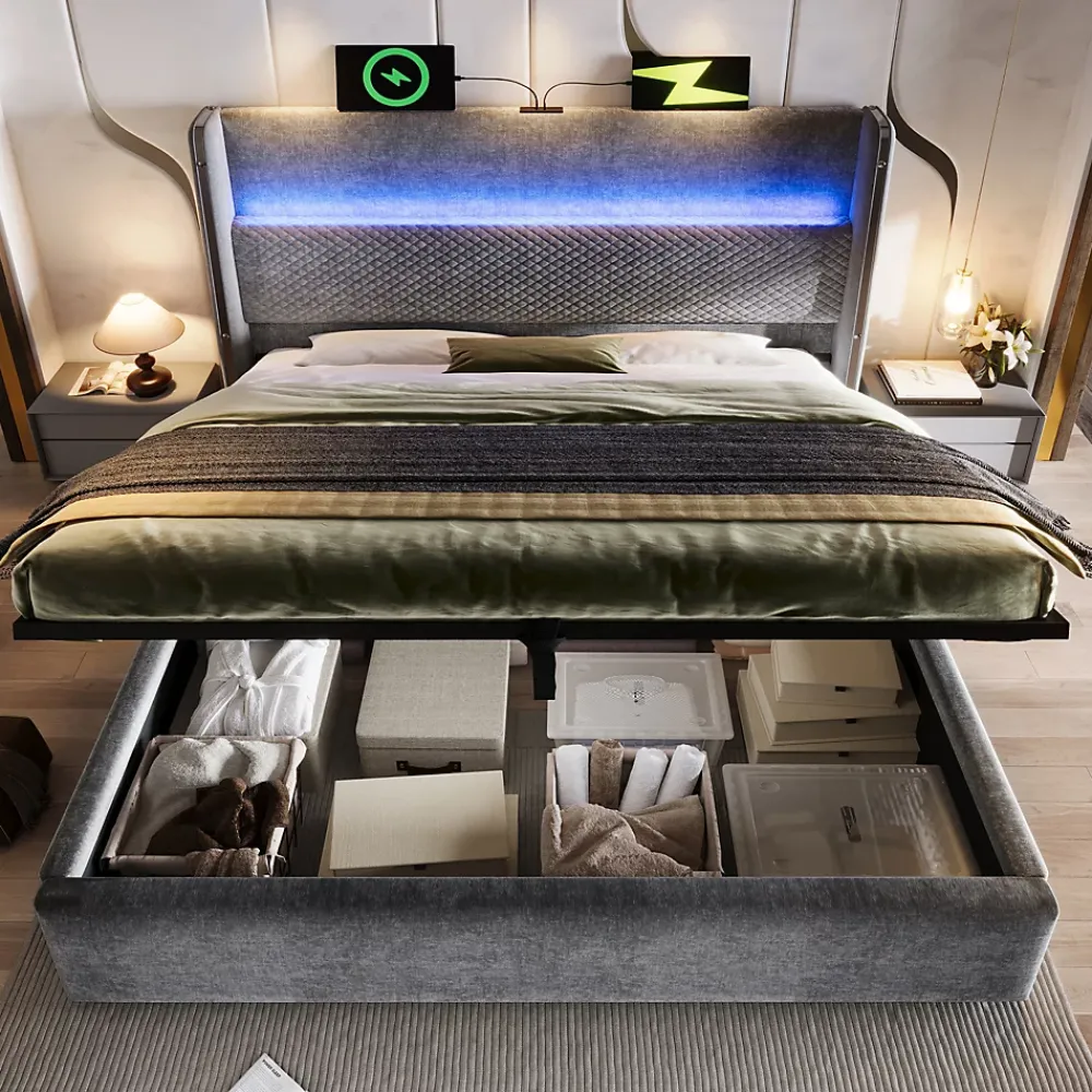 Okwish Lit Coffre 160x200 cm - Lit Double avec Sommier Relevable et Rangement - LED et Ports USB Type-C - Tissu Lin Gris - Sans Matelas* Lit Coffre