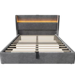 Okwish Lit Coffre 160x200 cm - Lit Double avec Sommier Relevable et Rangement - LED et Ports USB Type-C - Tissu Lin Gris - Sans Matelas* Lit Coffre