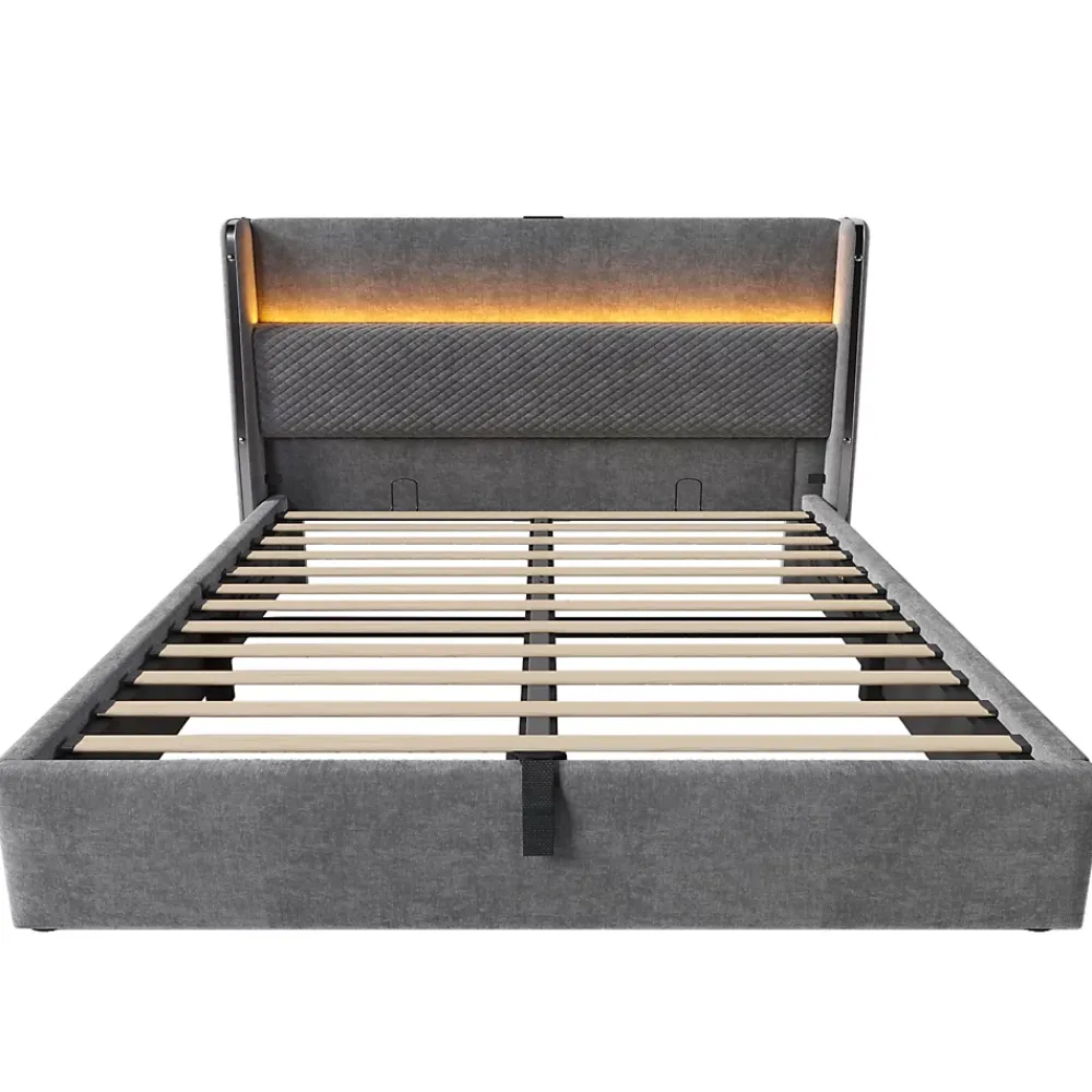 Okwish Lit Coffre 160x200 cm - Lit Double avec Sommier Relevable et Rangement - LED et Ports USB Type-C - Tissu Lin Gris - Sans Matelas* Lit Coffre