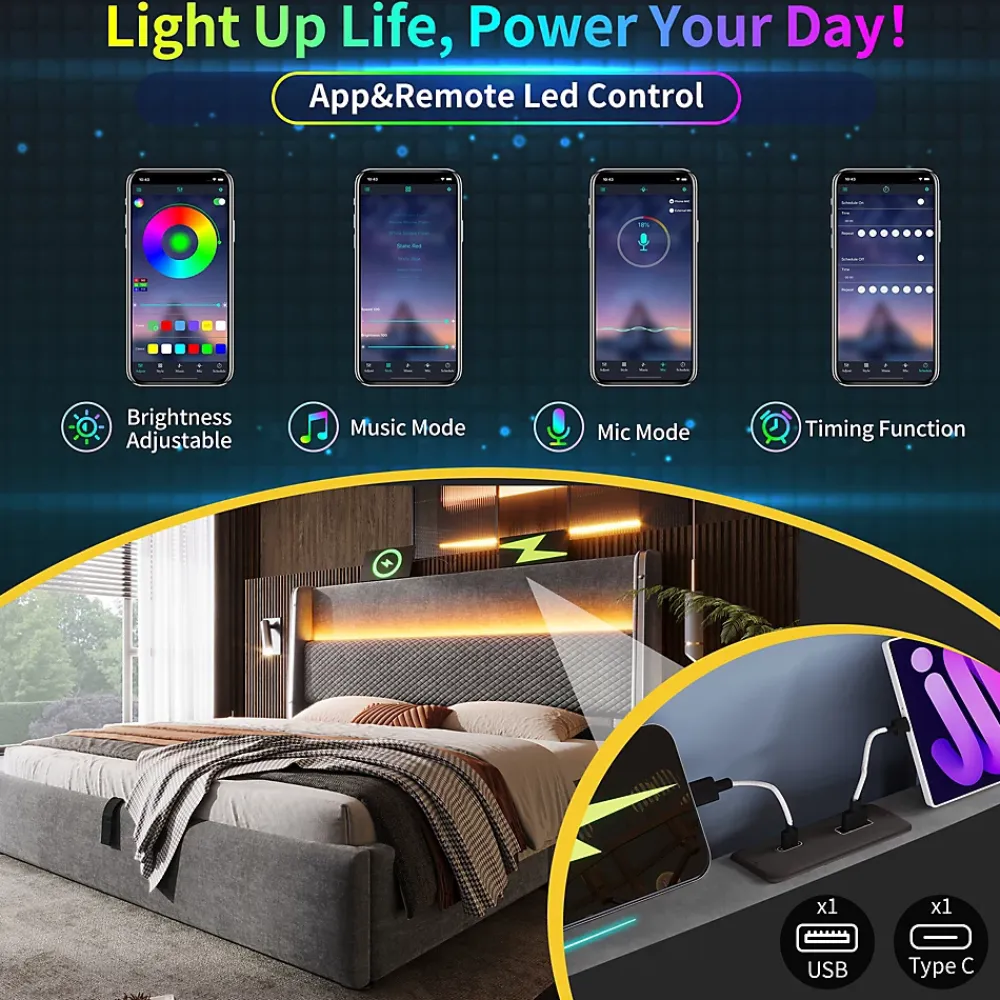 Okwish Lit Coffre 160x200 cm - Lit Double avec Sommier Relevable et Rangement - LED et Ports USB Type-C - Tissu Lin Gris - Sans Matelas* Lit Coffre