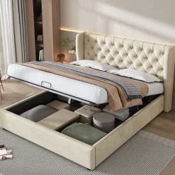 Lit coffre 140x190 cm - Lit double avec sommier à lattes et coffre hydraulique - Capitonné Velours - Sans Matelas - Beige>Okwish Hot