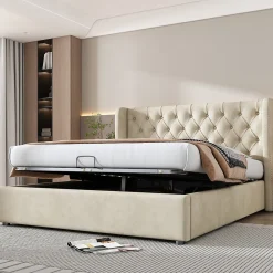 Lit coffre 140x190 cm - Lit double avec sommier à lattes et coffre hydraulique - Capitonné Velours - Sans Matelas - Beige>Okwish Hot
