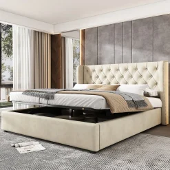 Lit coffre 140x190 cm - Lit double avec sommier à lattes et coffre hydraulique - Capitonné Velours - Sans Matelas - Beige><noscript><img width=