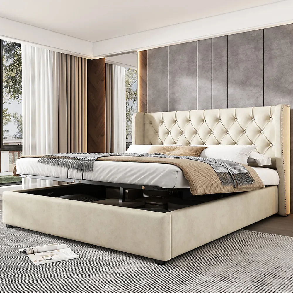 Lit coffre 140x190 cm - Lit double avec sommier à lattes et coffre hydraulique - Capitonné Velours - Sans Matelas - Beige>Okwish Hot