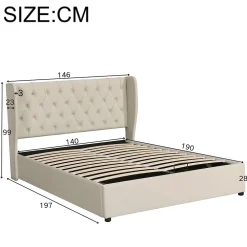 Lit coffre 140x190 cm - Lit double avec sommier à lattes et coffre hydraulique - Capitonné Velours - Sans Matelas - Beige><noscript><img width=