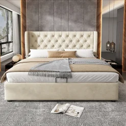 Lit coffre 140x190 cm - Lit double avec sommier à lattes et coffre hydraulique - Capitonné Velours - Sans Matelas - Beige><noscript><img width=