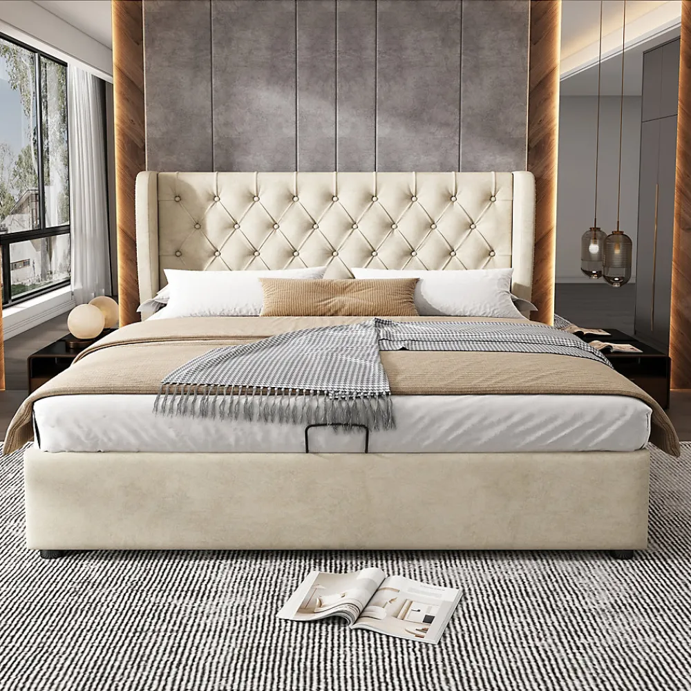 Lit coffre 140x190 cm - Lit double avec sommier à lattes et coffre hydraulique - Capitonné Velours - Sans Matelas - Beige>Okwish Hot