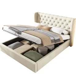 Lit coffre 140x190 cm - Lit double avec sommier à lattes et coffre hydraulique - Capitonné Velours - Sans Matelas - Beige><noscript><img width=