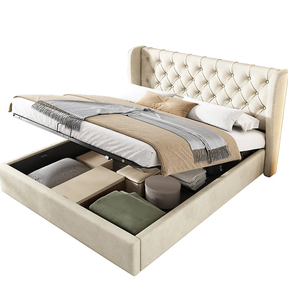 Lit coffre 140x190 cm - Lit double avec sommier à lattes et coffre hydraulique - Capitonné Velours - Sans Matelas - Beige>Okwish Hot