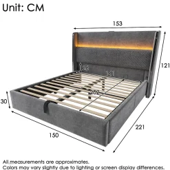 Okwish Lit Coffre 140x200 cm - Lit Double avec Sommier Relevable et Rangement - LED et Ports USB Type-C - Tissu Lin Gris - Sans Matelas* Lit Coffre