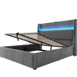 Okwish Lit Coffre 140x200 cm - Lit Double avec Sommier Relevable et Rangement - LED et Ports USB Type-C - Tissu Lin Gris - Sans Matelas* Lit Coffre