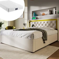 Lit coffre 160x200 cm - Lit double avec USB Type C et LED - Coton - avec Matelas - Beige>Okwish Best