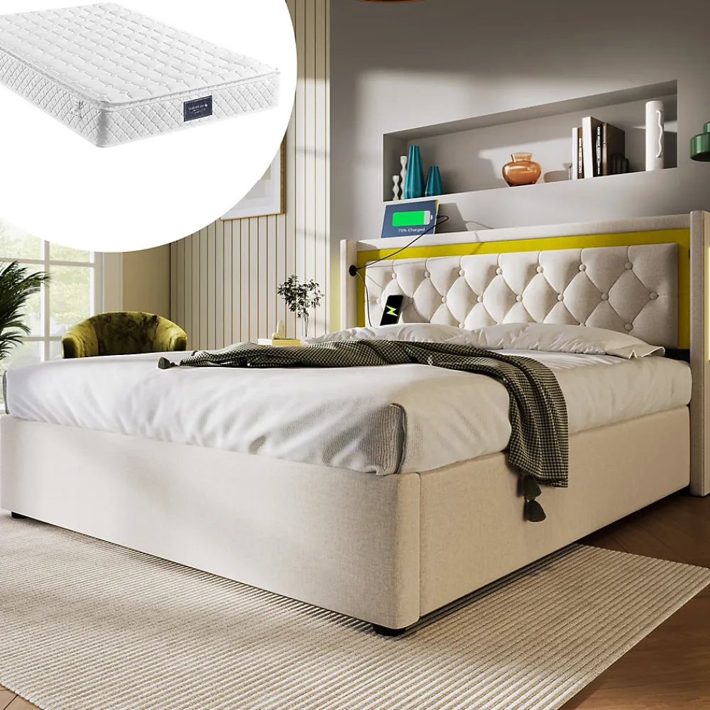 Lit coffre 160x200 cm - Lit double avec USB Type C et LED - Coton - avec Matelas - Beige>Okwish Best