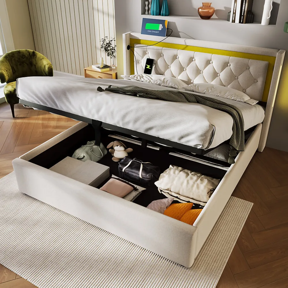 Lit coffre 160x200 cm - Lit double avec USB Type C et LED - Coton - avec Matelas - Beige>Okwish Best