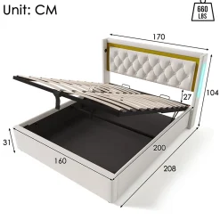 Lit coffre 160x200 cm - Lit double avec USB Type C et LED - Coton - avec Matelas - Beige><noscript><img width=