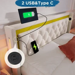 Lit coffre 160x200 cm - Lit double avec USB Type C et LED - Coton - avec Matelas - Beige><noscript><img width=