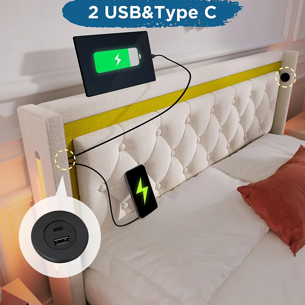 Lit coffre 160x200 cm - Lit double avec USB Type C et LED - Coton - avec Matelas - Beige>Okwish Best