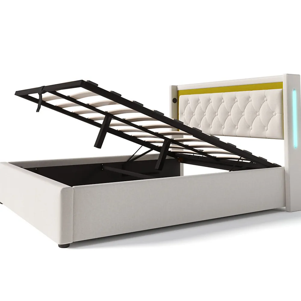 Lit coffre 160x200 cm - Lit double avec USB Type C et LED - Coton - avec Matelas - Beige>Okwish Best