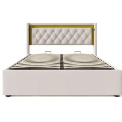 Lit coffre 160x200 cm - Lit double avec USB Type C et LED - Coton - avec Matelas - Beige><noscript><img width=
