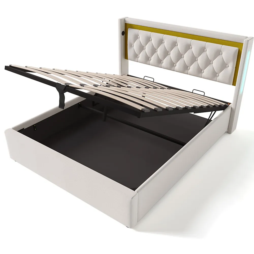 Lit coffre 160x200 cm - Lit double avec USB Type C et LED - Coton - avec Matelas - Beige>Okwish Best